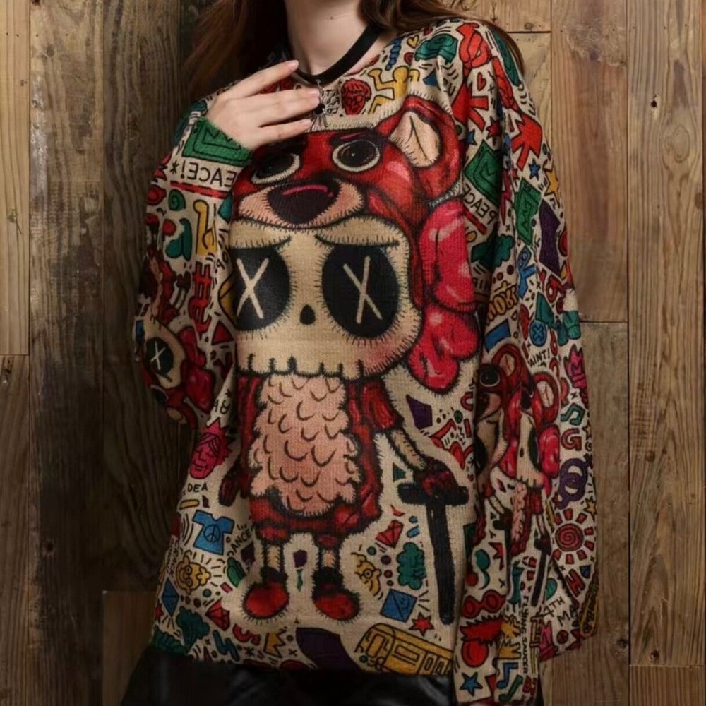 Women Pullover Sweater Medium Beige Red Stretch Crew Neck Print Bear Dolls Relax
